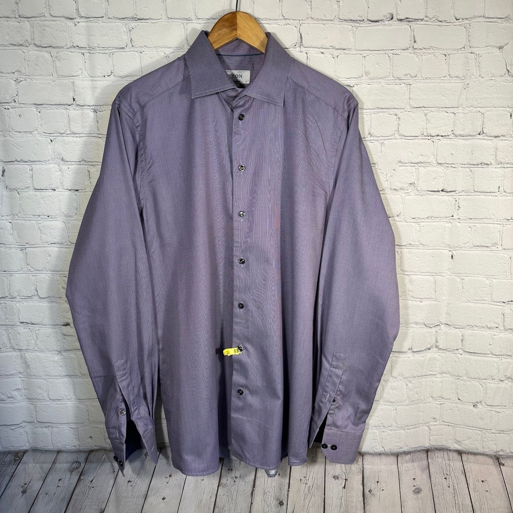 Eton Contemporary Fit Dress Shirt Mens 16 L Blue‎ Brown Micro Stripe Cotton